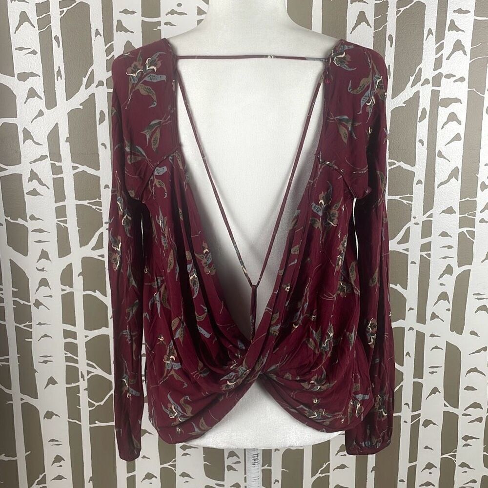 Free People Burgundy Floral Print Open Draped Back Long Sleeve Top S